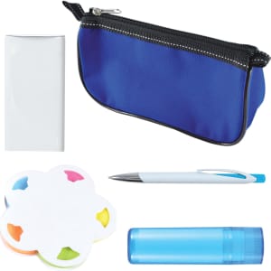A blue zippered pouch contains a white notepad, a blue pen, a colorful sticky note set, and a blue highlighter.