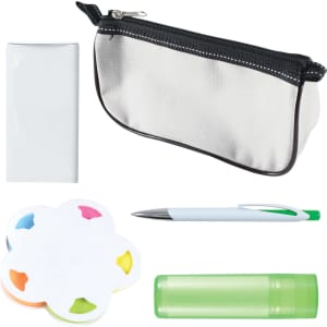 A collection of office supplies including a clear notebook, a gray pencil case, a pen, a colorful sticky note pad, and a green lip balm.