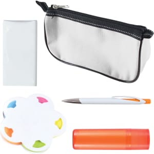 A collection of stationery items including a white notepad, a grey pencil case, a pen, colorful sticky notes, and an orange highlighter.