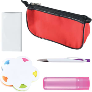 A red pencil case with a gray zipper, a white notepad, a pen, a flower-shaped sticky note set, and a pink lip balm.