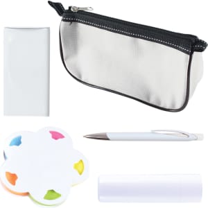A collection including a white zippered pouch, a white pen, a flower-shaped sticky note pad, and a white lip balm tube.