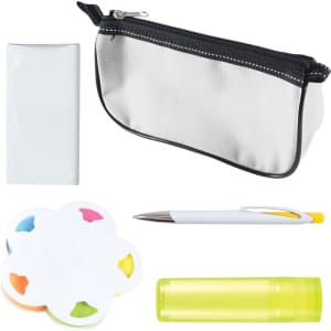 A clear pencil case, a white notepad, a blue pen, a colorful sticky note set, and a green lip balm tube.