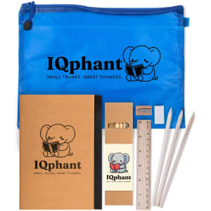 A blue zip pouch containing a notebook, ruler, sharpener, pencils, and an eraser, all featuring a logo.