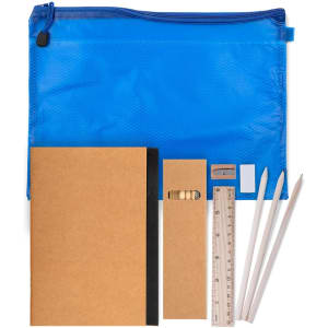 A blue zip pouch containing a notebook, pencil, ruler, sharpener, eraser, and white pencils.
