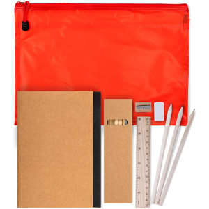 A red zip pouch containing two notebooks, a ruler, a pencil, an eraser, and two white pencils.