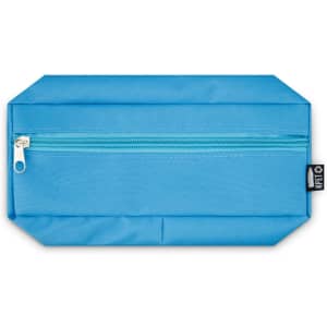 A blue pencil case with a zippered pocket, featuring a tag with a logo.