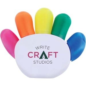 A set of five hand-shaped highlighters in pink, orange, yellow, green, and blue with a central white holder featuring a logo.