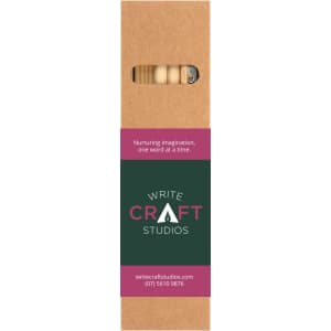 A brown cardboard packaging featuring a window, showcasing wooden craft supplies with a logo.