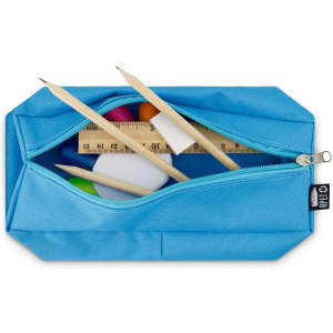 A blue pencil case containing pencils, a ruler, and erasers, with a zip closure and logo.