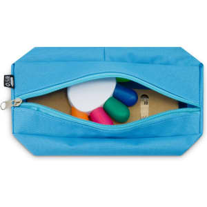 A bright blue pencil case unzipped to reveal colourful pens, a ruler, and a circular item. It features a branding logo.