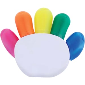 A hand-shaped highlighter pack featuring five vibrant colours: pink, orange, yellow, green, and blue. It has a white base.