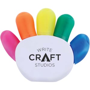 A hand-shaped marker set featuring six vibrant colours: pink, orange, yellow, green, blue, and purple, with a white base.