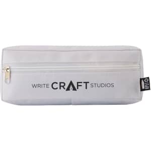 A white pencil case with a zipper and a logo on the front. It has a rectangular shape.