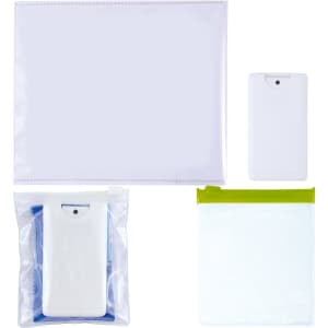 A microfiber lens cloth with screen cleaner in various sizes, featuring white and transparent packaging with a green zipper.