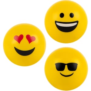 Three yellow emoji stress balls featuring different facial expressions: hearts, a smile, and sunglasses.