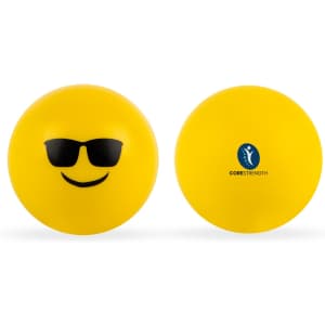 A pair of yellow emoji stress balls featuring a smiling face with sunglasses on one side and a logo on the other.
