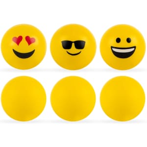 Six yellow emoji stress balls featuring different facial expressions: heart eyes, sunglasses, and a smiling face.