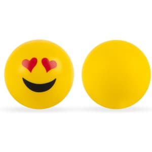 A pair of yellow emoji stress balls with a smiling face and heart eyes design.