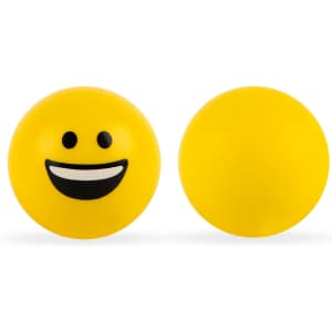 A pair of yellow emoji stress balls featuring a smiling face design.