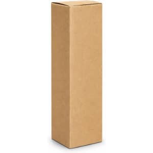A brown cardboard box standing upright, featuring a simple, unmarked design.