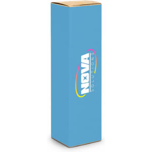 A drink bottle in a blue box with a logo, showcasing a sleek, tall design suitable for beverages.
