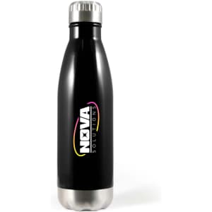 A drink bottle in black with a stainless steel base, featuring a logo on its surface.