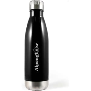 A drink bottle in black with a stainless steel bottom and a logo on the side.