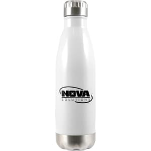 A drink bottle featuring a sleek white design with a stainless steel base and a branded logo.