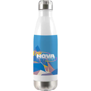 A drink bottle in blue and silver with a sleek design and a logo. Ideal for keeping beverages cold.