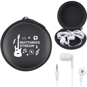 A black round case containing white earbuds with a 3.5mm jack, featuring a logo on the exterior.