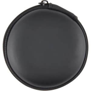 A round black carrying case for earbuds, featuring a zip closure and a sleek design.