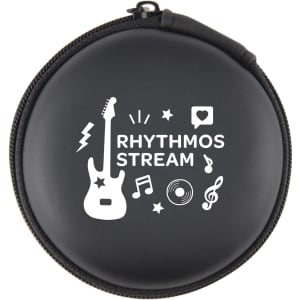 A round black case featuring a guitar design and music-themed graphics, including a logo and various symbols.