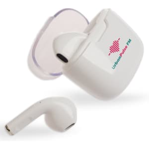 White Twista Earbuds with a charging case, featuring a logo on the case and one earbud displayed outside.