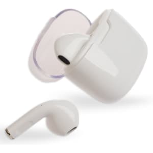 A pair of white Twista Earbuds with a charging case. One earbud is shown separately alongside the case.