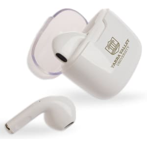 White Twista Earbuds with a charging case, featuring a logo, positioned against a plain background.