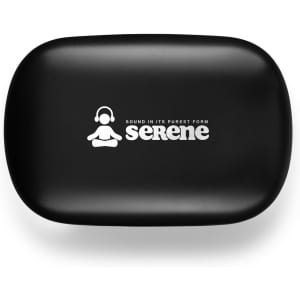 A black earbud case featuring a logo on the top, with a smooth, rounded design.