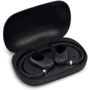 A pair of black Loop Ear Buds in a black charging case. The case is slightly open, revealing the buds inside.