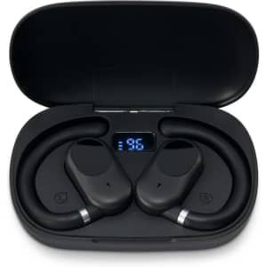 Black ear buds sitting in a charging case, featuring a digital display on the inside of the lid.
