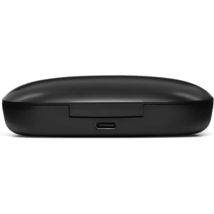 A black charging case for earbuds with a USB-C port on the bottom. It has a smooth, rounded design.