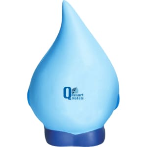 A blue water drop-shaped stress reliever with a base and a logo on the front.