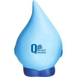 A blue water drop-shaped stress reliever featuring a logo on the front.