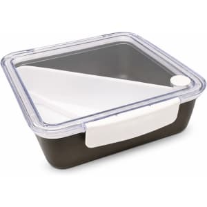 A square, black lunch box with a clear lid and a white handle, featuring a logo.