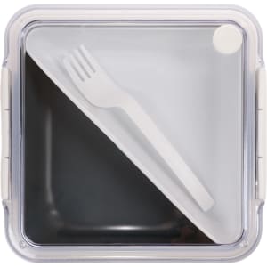 A square, transparent lunch box with a white lid and a plastic fork inside. It has a logo on the lid.