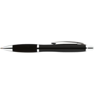 A black metal pen with silver accents and a clip, featuring a sleek design and a logo.