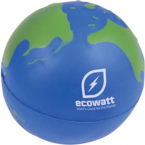 A blue and green globe stress reliever with a logo on one side. It features a smooth, squeezable design.