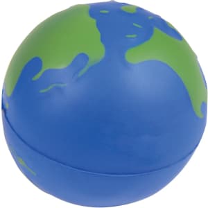 A blue and green globe-shaped stress ball with a simple design and a logo. Ideal for fun and relaxation.