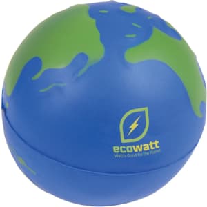 A spherical stress ball featuring blue and green colours, designed as a world globe. It has a logo on one side.