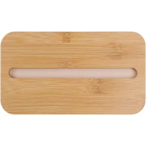 A bamboo lunch box lid featuring a phone holder slot. The lid has a smooth, natural finish.