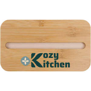 A bamboo lunch box lid with a phone holder slot and a logo in dark green.