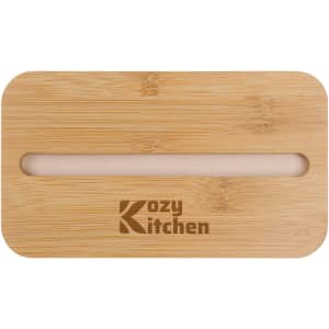 A bamboo lunch box lid featuring a phone holder slot, with a logo present.